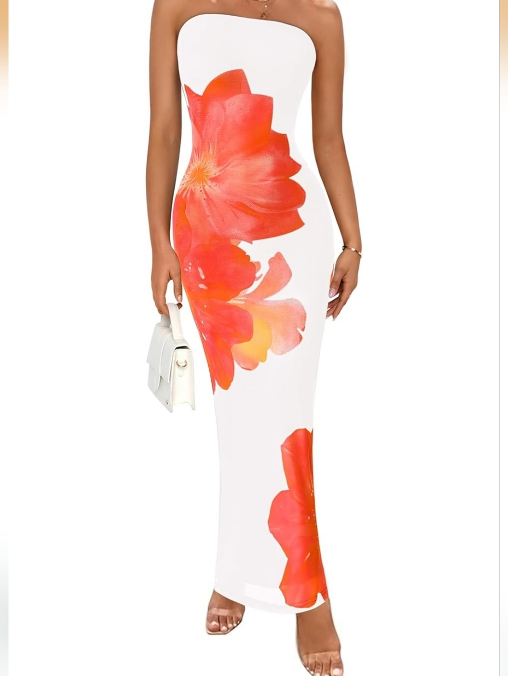 Strapless White Maxi Dress with Coral Floral Detail